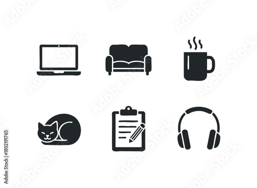 Collection of six simple silhouette icons for everyday life