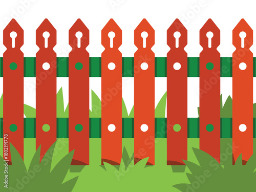 A bright red wooden picket fence with green accents stands out against a backdrop of lush green grass in this graphic illustration.