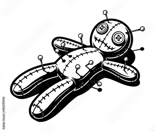 voodoo doll with pins monochrome vector illustration