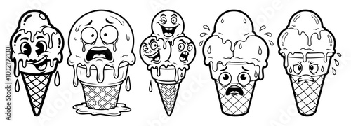 funny cartoon ice cream cone characters with emotions set