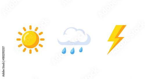 Weather icons featuring sun, rain, and lightning in flat design