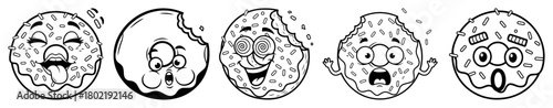 retro cartoon donut characters with emotions vector set