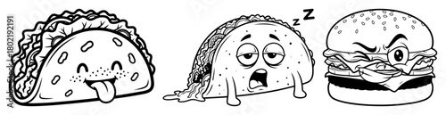 retro cartoon fast food characters with emotions vector set