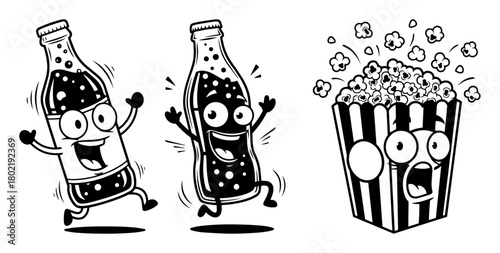 retro cartoon soda bottle and popcorn characters vector set