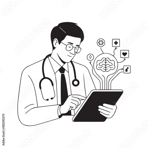 Doctor using tablet with medical icons and brain diagram