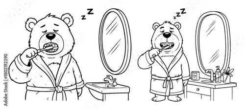 sleepy cartoon bear brushing teeth in the morning vector set