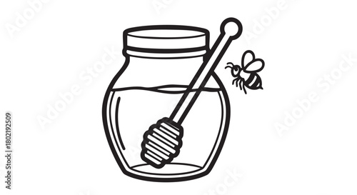 ## **24. Honey jar with bee and dipper outline vector**
