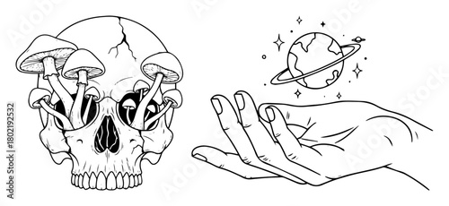 mystical skull with mushrooms and hand holding planet