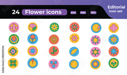 Collection of Flower Icons in Colorful Retro Style Editorial Icon Set with EPS PNG JPG formats for Digital Design Projects and Creative Applications