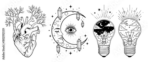 mystical boho vector illustration set