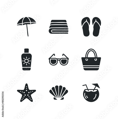 Beach vacation essentials collection icons