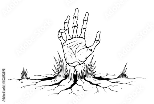 skeleton hand with tree roots rising from ground