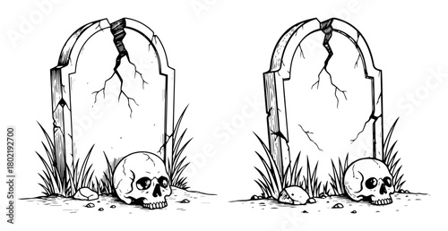 halloween tombstones and skulls vintage sketch vector set