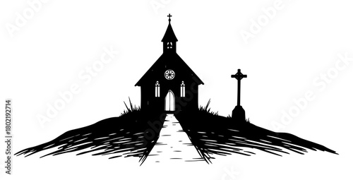 spooky old church on hill silhouette halloween vector