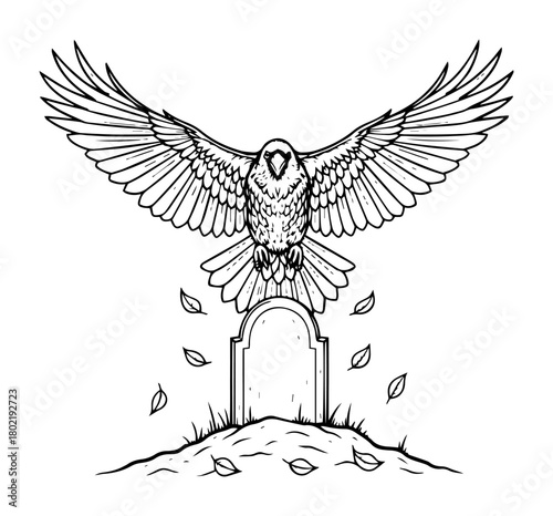 majestic eagle over tombstone memorial sketch vector