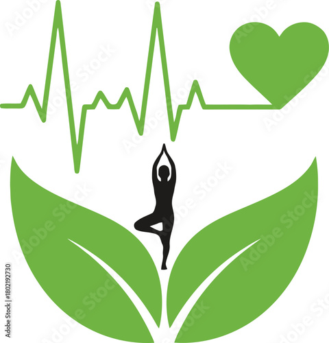 yoga person on green leaves with heartbeat and heart vector design concept icon illustration.