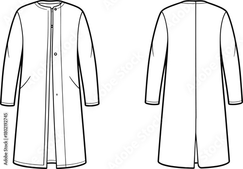 Technical flat sketch, long coat design, notched lapel collar, flap pockets, front and back view, fashion illustration, garment construction, vector template