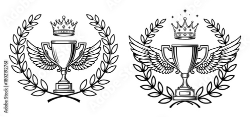champion trophy cup with wings crown and laurel wreath set