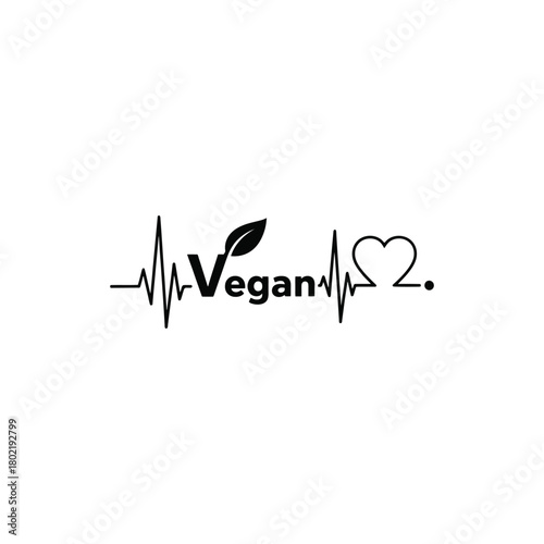 vegan heartbeat pulse line with leaf and heart symbol vector icon illustration.
