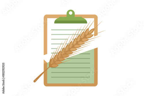 A clipboard with a wheat stalk symbolizes agriculture and record-keeping for a healthy harvest.