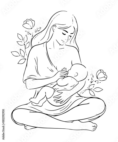 mother breastfeeding baby gentle line art vector illustration