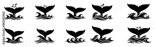 whale tail on ocean wave silhouette icon set vector