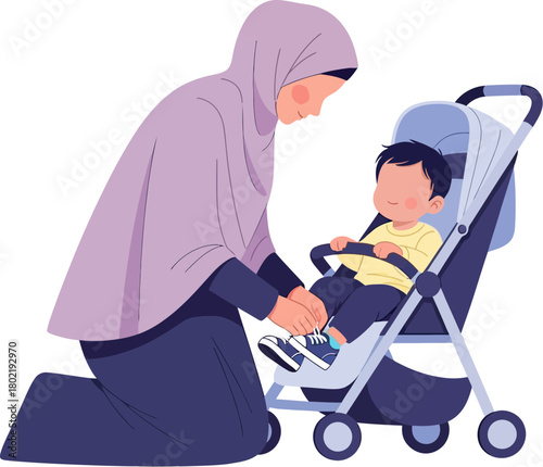 Muslim Mother Tends to Her Baby in a Stroller.