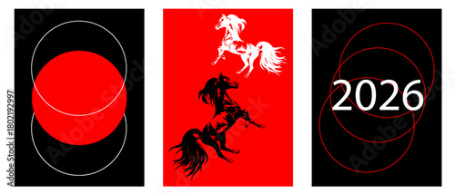 A powerful and stylized triptych featuring a golden-yellow horse rearing up against a vibrant red background, framed by abstract elements and the number 2026, suitable for New Year's or Chinese Zodiac
