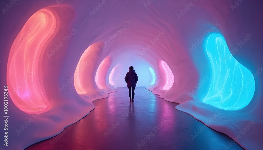 Fototapeta premium Person walks through glowing tunnel art installation with pink and blue lights. Immersive experience explores perception, sensory input, and digital interaction with modern tech.