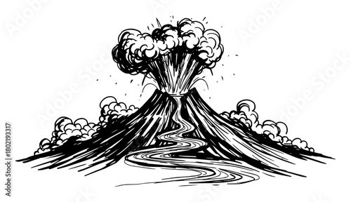 erupting volcano with lava flow hand drawn sketch vector