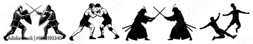 fighter silhouettes set knight samurai wrestler vector