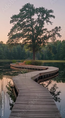 Wallpaper Mural Serene lake landscape with wooden boardwalk, trees reflecting on the water surface creating a Torontodigital.ca
