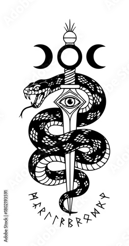 occult snake wrapped around dagger with triple moon and runes vector