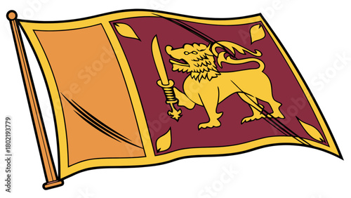 Illustration of the national flag of sri lanka featuring a golden lion holding a sword on a maroon field