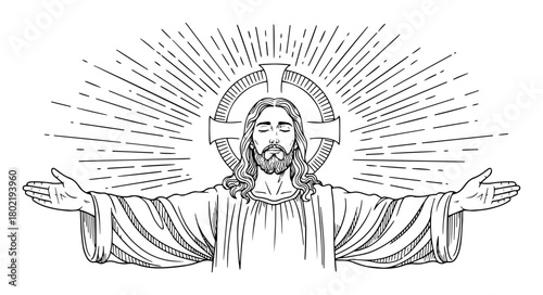 jesus christ with open arms religious sketch vector illustration
