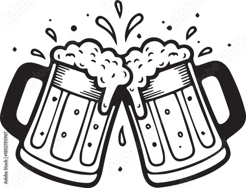 Cheers to the Moment: Two frothy beer mugs clink in a celebratory toast, showcasing the timeless pleasure of sharing a drink. The bubbles dance, capturing the essence of camaraderie and joy.