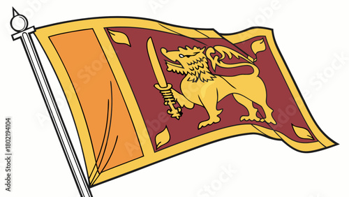 Illustration of the flag of sri lanka waving with a golden lion holding a sword on a maroon field