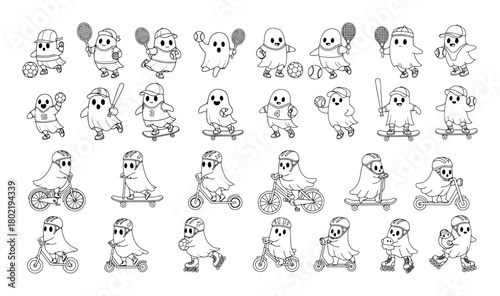 big set of cute cartoon ghosts doing activities vector
