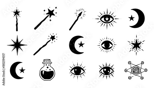 mystical magic doodle icons set vector