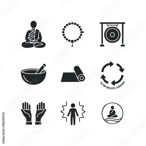 Wellness symbols including monk, meditation, gong, and yoga mat