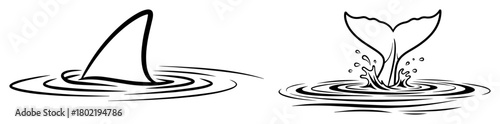 shark fin and whale tail in water vector icons