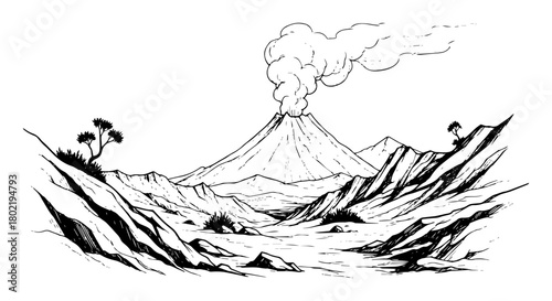 smoking volcano landscape hand drawn sketch vector illustration