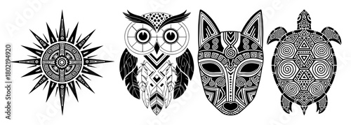 tribal ornamental ethnic symbols set sun owl mask turtle vector