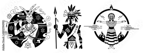 set of mystical shaman figures tribal ritual vector