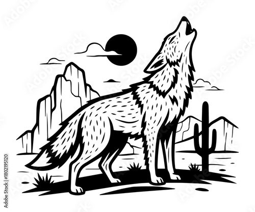 howling wolf in desert landscape vector illustration