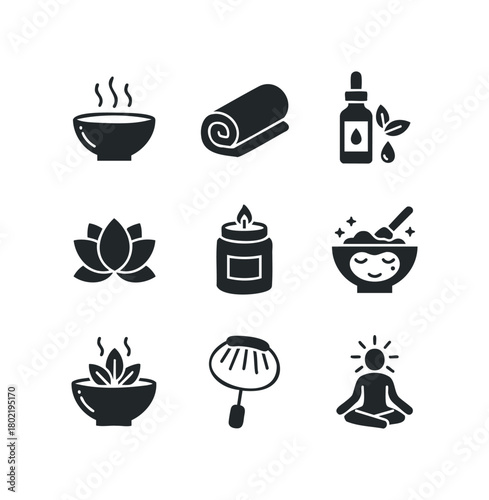 Spa and wellness icons including aromatherapy and meditation