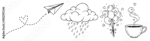 cute doodle story from paper plane to coffee cup vector set