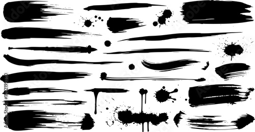 black brush strokes, various widths and textures, some with rough edges, high contrast, artistic, ink splashes, dripping paint