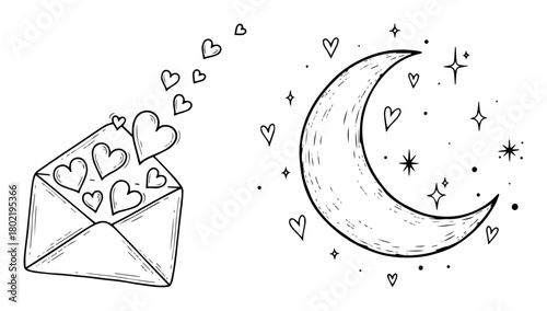 romantic love letter and celestial moon doodle sketch set vector