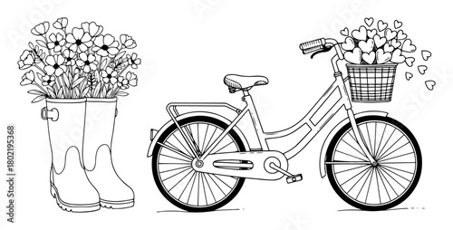 spring romance doodles with bicycle and flower boots vector set